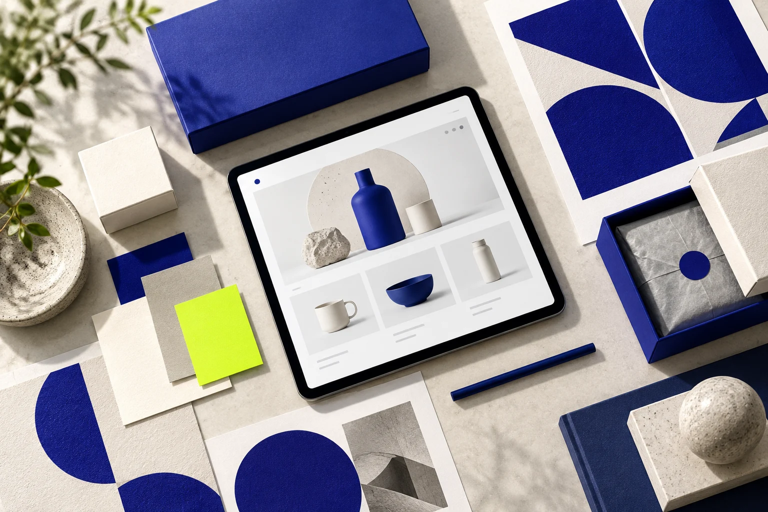 Blue and white brand packaging, print design and an ecommerce concept arranged on a creative studio table.