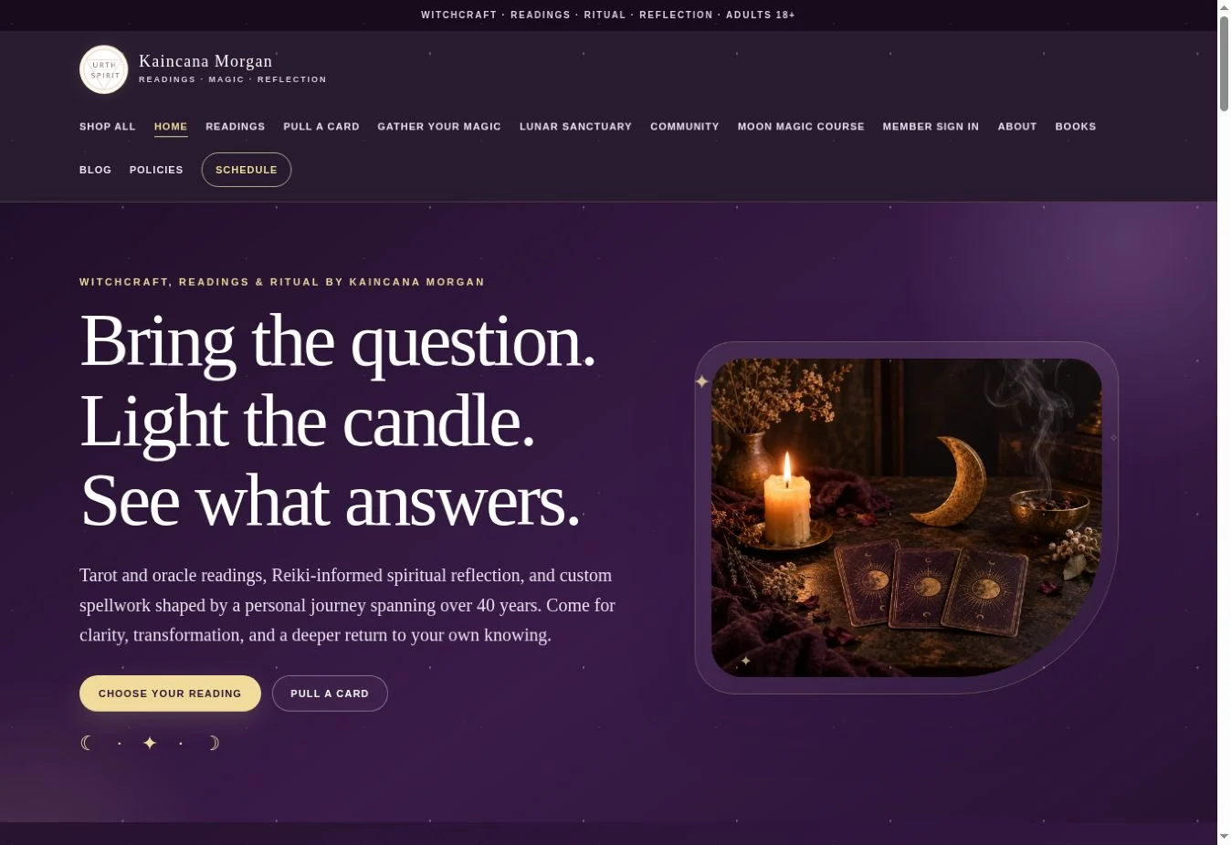 Kaincana Morgan website with rich plum branding, tarot imagery and reading services.