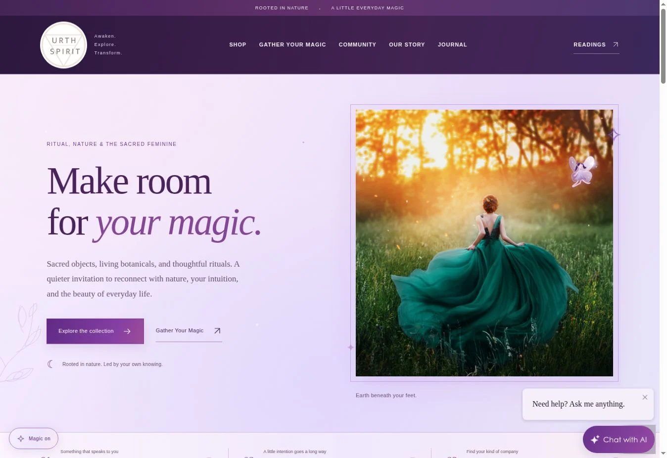 Urth Spirit website with lavender branding, botanical imagery and a collection shopping link.