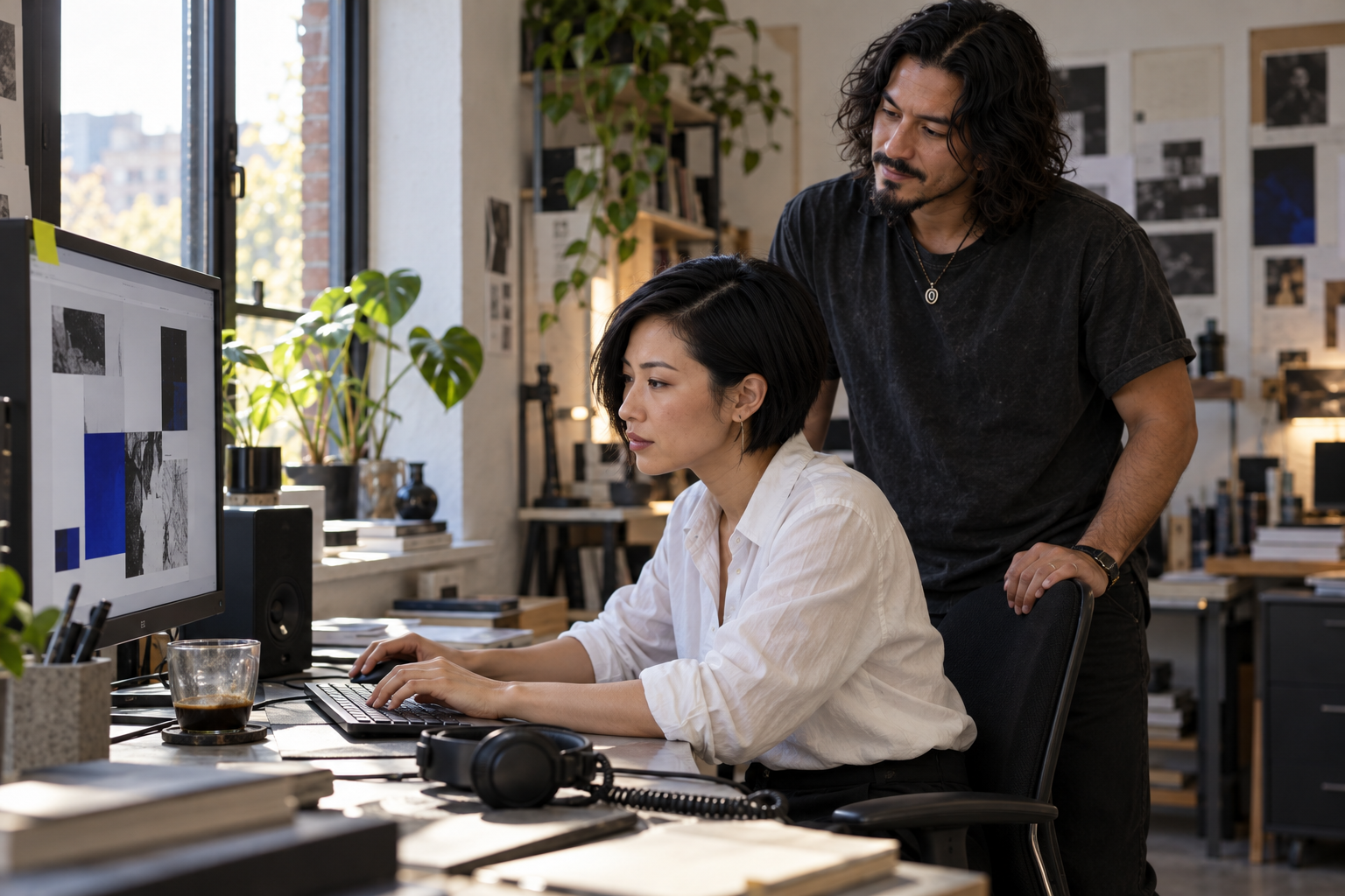 Two colleagues reviewing digital work at a workstation.